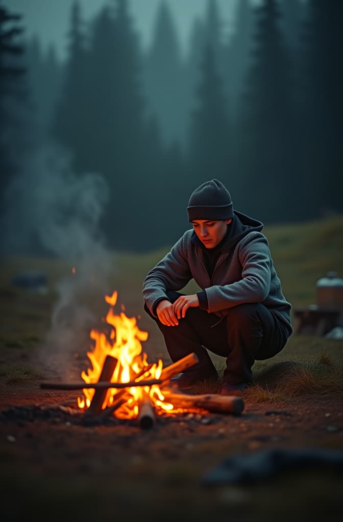  small portable campfire with teg hyperrealistic, full body, detailed clothing, highly detailed, cinematic lighting, stunningly beautiful, intricate, sharp focus, f/1. 8, 85mm, (centered image composition), (professionally color graded), ((bright soft diffused light)), volumetric fog, trending on instagram, trending on tumblr, HDR 4K, 8K