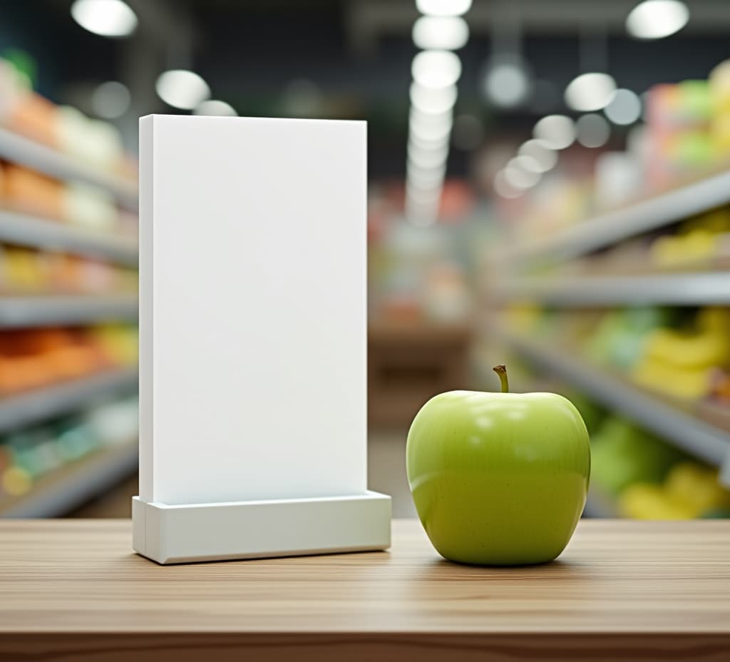  green apple next to white banner in supermarket for copy space advertisement