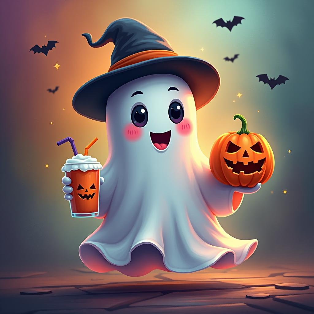  create a digital painting featuring a cute ghost character. the ghost should be wearing a hat. in one hand, the ghost should hold a pumpkin with a carved face, and in the other hand, a halloween themed drink. the background should be colorfull and include small black bats and stars to add a playful halloween touch. the overall style should be cute, whimsical, and colorful hyperrealistic, full body, detailed clothing, highly detailed, cinematic lighting, stunningly beautiful, intricate, sharp focus, f/1. 8, 85mm, (centered image composition), (professionally color graded), ((bright soft diffused light)), volumetric fog, trending on instagram, trending on tumblr, HDR 4K, 8K