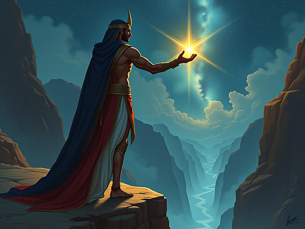  a tall, muscular sorcerer in form fitting, ornate garments, standing on a cliff's edge, overlooking a star filled abyss, with a guiding light emanating from his hand. the style is digital art illustration / modern comic book / mysterious occult, symbolic, esoteric vibe,high detail on character design, incorporating ancient egyptian symbology and attire.