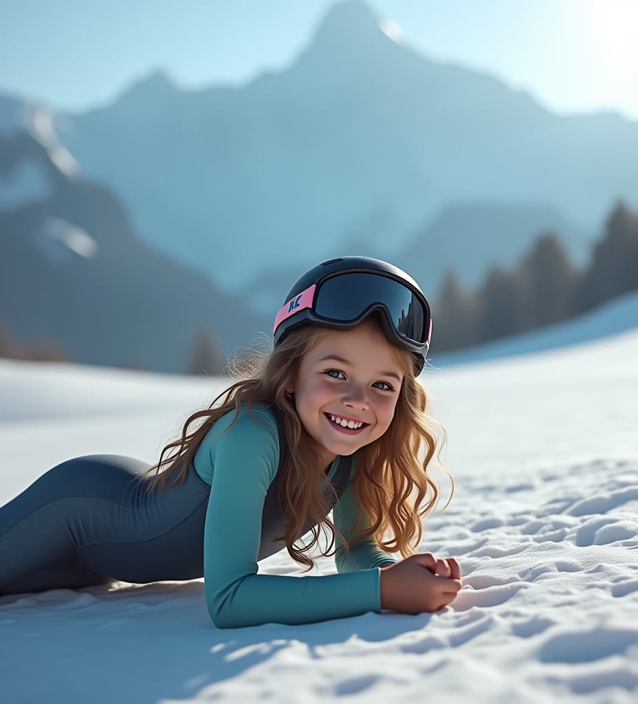  a girl wearing a tight skiing suit laying onconsciouss on the floor win an unnatural position. the scenery is a skiing mountain in the background