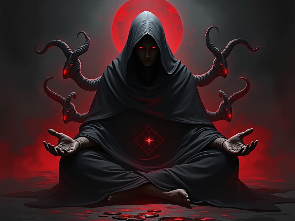  a cloaked figure in a meditative pose, surrounded by glowing runes, sense of seeking forgiveness, peace.. the style is dark fantasy and mysterious occult, symbolic, moody lighting, esoteric vibe,high detail on character design. for the color scheme emphasize blacks and reds.