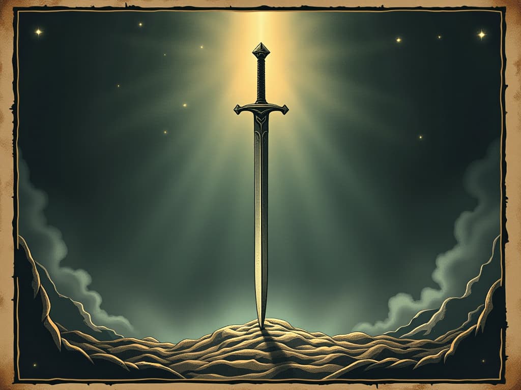  single sword standing upright, lifeless energy radiating, glinting in faint light, subtle projection of turbulent energies, historical resonance, foreboding stillness. an illustration in the style of a worn, mystical old tarot trump card, mysterious and elements of surrealism. the colors are muted, somber and eerie, but with contrast bring out an occult and esoteric vibe.