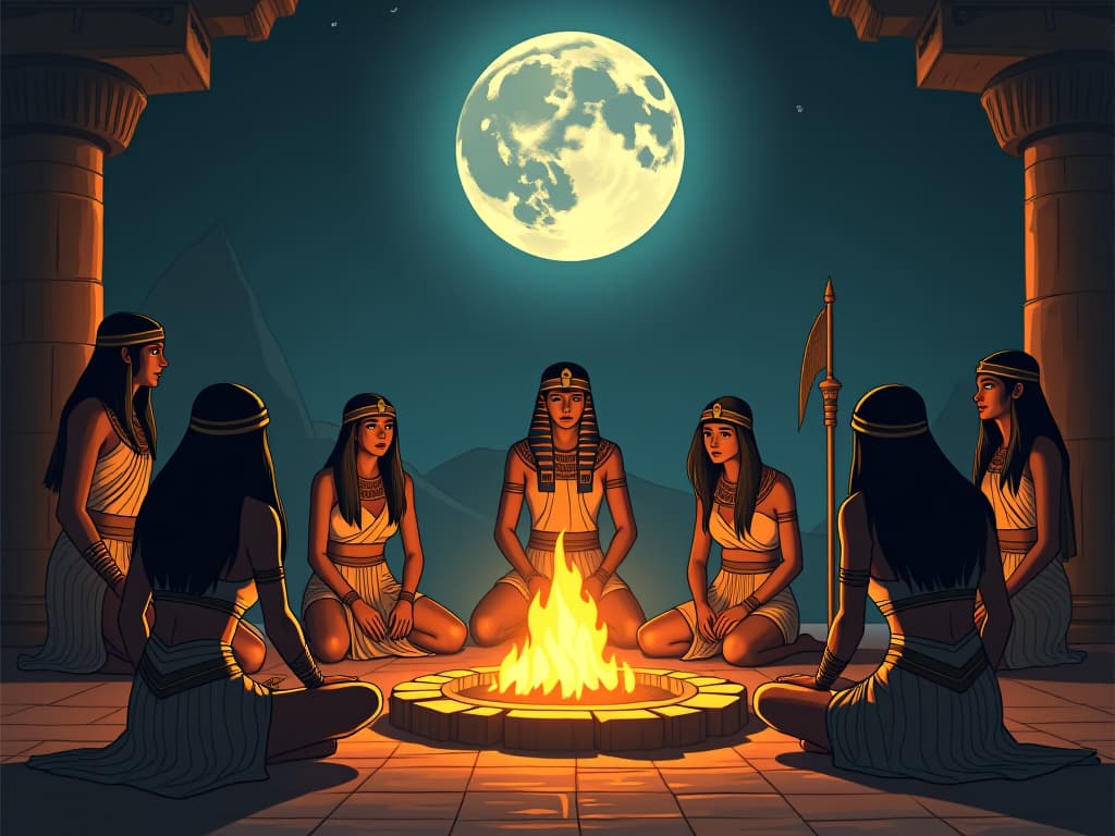  an ancient egyptian gathering around a central fire, women and men in traditional attire, moonlight casting an ethereal glow, sense of community and reflection, supportive atmosphere. the style is digital art illustration / modern comic book / mysterious occult, symbolic, esoteric vibe,high detail on character design, incorporating ancient egyptian symbology and attire.