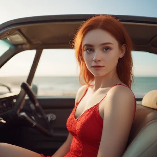 one beautiful young Red Head with big preety eyes sitting in one pose in the car, ((one with big beautiful red eyes sitting in one pose in the car)), ((in dress)), very skinny, 18 years old,((looking at viewer)), smile, (((big beautiful red eyes))), (close-up),, (((in simple clothes)))smile girl on beach hyperrealistic, full body, detailed clothing, highly detailed, cinematic lighting, stunningly beautiful, intricate, sharp focus, f/1. 8, 85mm, (centered image composition), (professionally color graded), ((bright soft diffused light)), volumetric fog, trending on instagram, trending on tumblr, HDR 4K, 8K