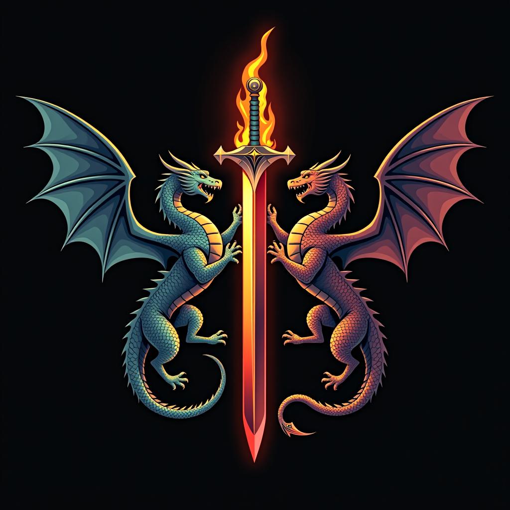  design a logo, custom sticker design on an isolated black background decorated by mythical dragons and a flaming sword