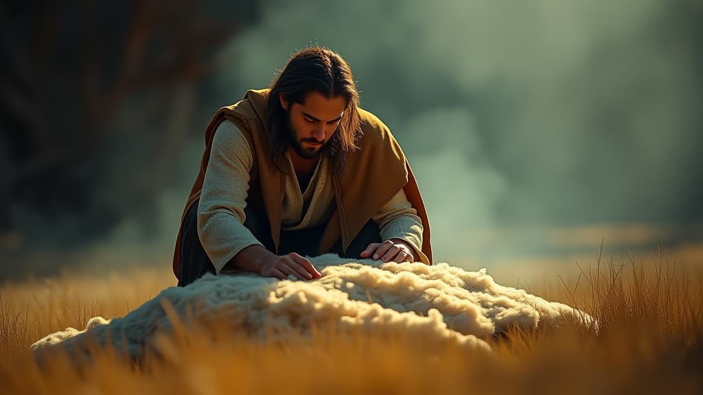  history of biblical times, gideon testing god's promise with the fleece, laying it on the ground, surrounded by an atmosphere of quiet anticipation, highlighting his desire for confirmation. hyperrealistic, full body, detailed clothing, highly detailed, cinematic lighting, stunningly beautiful, intricate, sharp focus, f/1. 8, 85mm, (centered image composition), (professionally color graded), ((bright soft diffused light)), volumetric fog, trending on instagram, trending on tumblr, HDR 4K, 8K