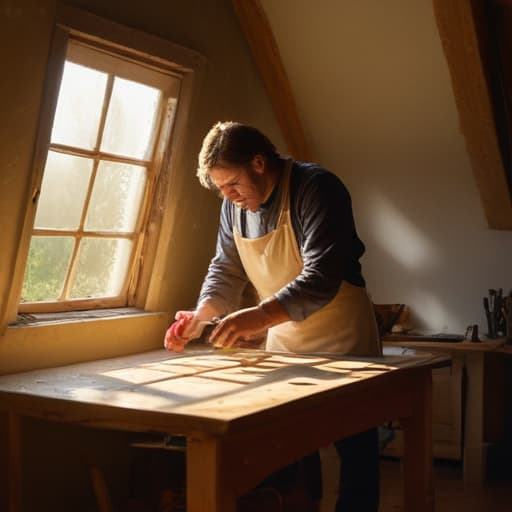 A photo of a skilled artisan meticulously measuring and fine-tuning a custom-made window frame in a cozy attic workshop on a tranquil afternoon, with soft, golden sunlight streaming through a dusty skylight, casting warm, inviting shadows on the wooden workbench.