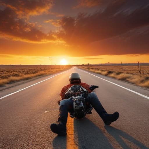 Imagine a scene on a long, empty road stretching into the distance. On this road, there's a biker lying down beside their motorcycle, looking visibly frustrated and lost in thought. The biker's expression conveys mental exhaustion and anger, perhaps with a backdrop of a sunset casting a warm, orange glow over the scene