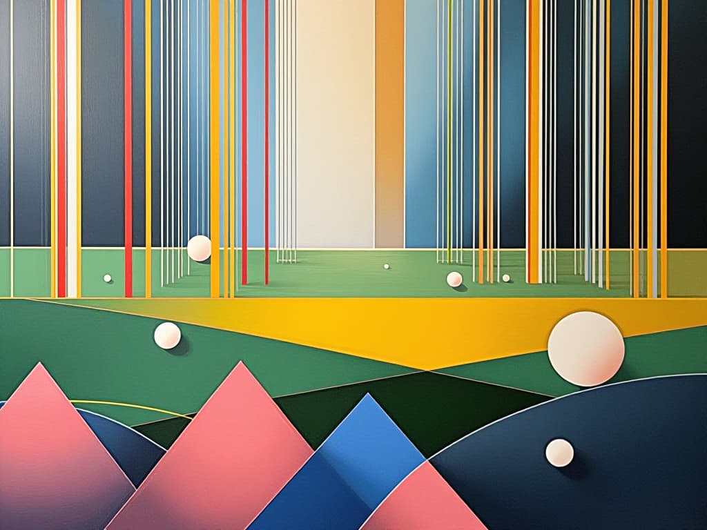  modern, abstract art piece featuring a combination of vertical lines and geometric shapes. the layout includes a series of vertical, multicolored lines that create a sense of depth and texture. the background consists of a gradient of green and yellow hues, resembling a field, with white spherical shapes distributed throughout, adding a three dimensional effect. in the foreground, there are pink and blue triangular forms that appear to be rising from the bottom, contributing to the layered composition. the overall style is contemporary and visually dynamic, with a focus on color contrast and spatial arrangement.