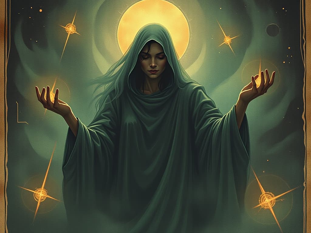  a figure shrouded in ethereal light, a serene expression, surrounded by swirling cosmic energies, figures of light reaching out, calm, transcendent, connected. an illustration in the style of a worn, mystical old tarot trump card, mysterious and elements of surrealism. the colors are muted, somber and eerie, but with contrast bring out an occult and esoteric vibe.