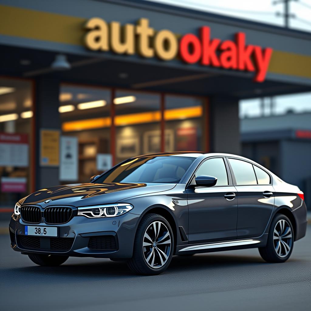  a car against the background of an auto service shop with a sign "autookay".