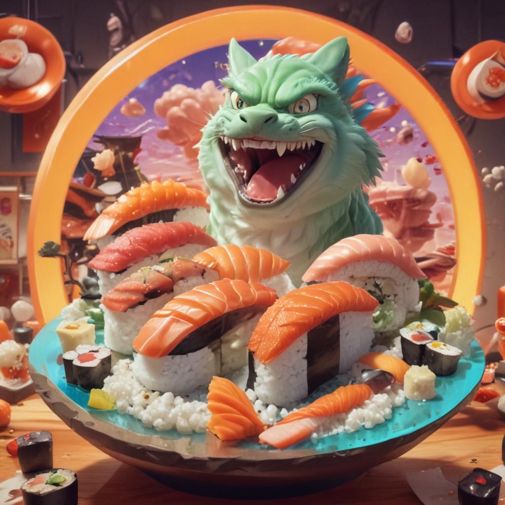 distance-shot, flashy, full-body, dynamic, holographic, animated cartoon poster of sushi scene in the style of dragon ball super