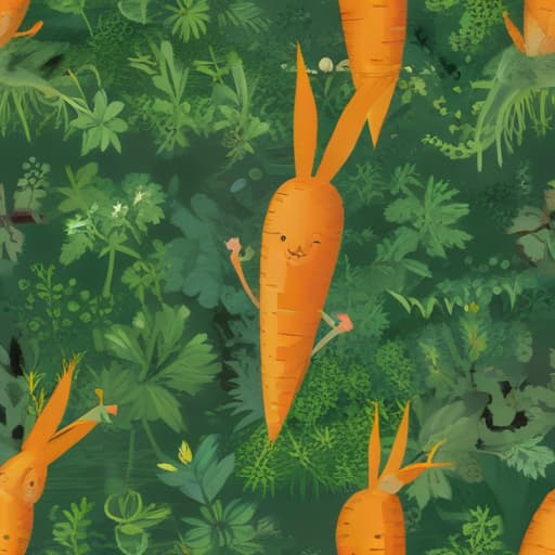 A mischievous carrot stealing carrots from a whimsical, abstract garden.