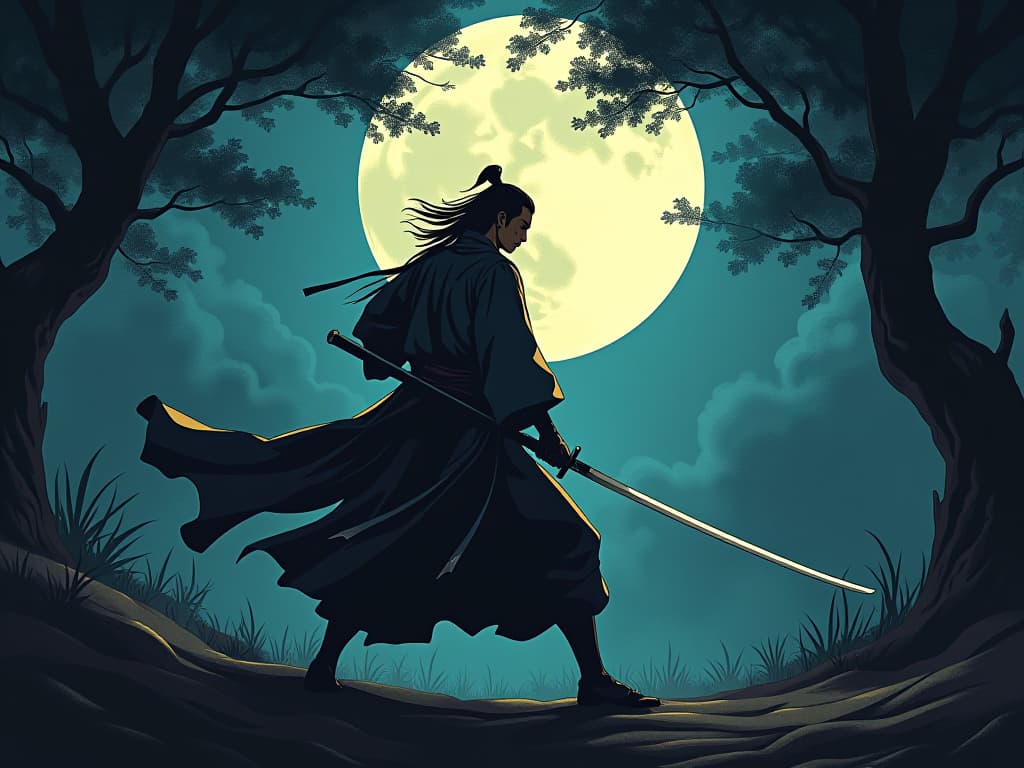  miyamoto musashi, illuminated by moonlight, practicing swordsmanship in a quiet forest clearing, symbolizing solitary dedication and legendary status. the style is digital art illustration / modern comic book / mysterious occult, symbolic, esoteric vibe,high detail on character design, incorporating ancient egyptian symbology and attire.