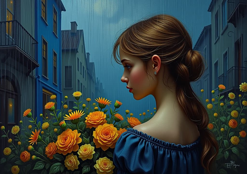  oil painting artwork from vincent van gogh, beautiful girl and flowers, on the dark street, raining and storming dayhyper detail, intricate details, sharp focus, high resolution, 8k, ultra detailed, vib