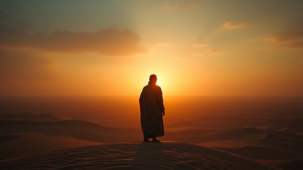  history of biblical times, a symbolic depiction of the promise of ishmael, his name meaning 'god hears,' written in ancient script above a glowing desert landscape. hyperrealistic, full body, detailed clothing, highly detailed, cinematic lighting, stunningly beautiful, intricate, sharp focus, f/1. 8, 85mm, (centered image composition), (professionally color graded), ((bright soft diffused light)), volumetric fog, trending on instagram, trending on tumblr, HDR 4K, 8K