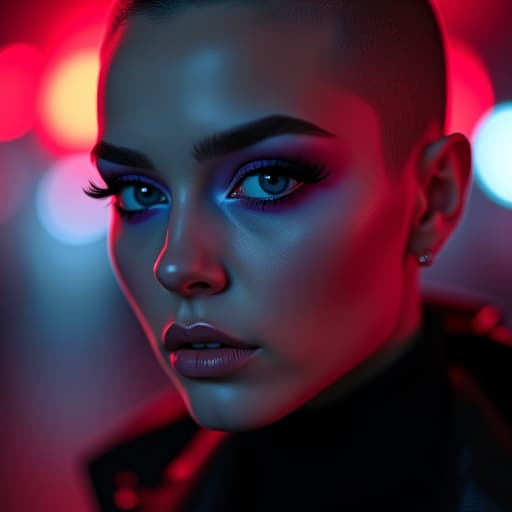  ultra realistic close up portrait ((beautiful pale cyberpunk female with heavy black eyeliner)), blue eyes, shaved side haircut, hyper detail, cinematic lighting, magic neon, dark red city, canon eos r3, nikon, f/1.4, iso 200, 1/160s, 8k, raw, unedited, symmetrical balance, in frame, 8k hyperrealistic, full body, detailed clothing, highly detailed, cinematic lighting, stunningly beautiful, intricate, sharp focus, f/1. 8, 85mm, (centered image composition), (professionally color graded), ((bright soft diffused light)), volumetric fog, trending on instagram, trending on tumblr, HDR 4K, 8K