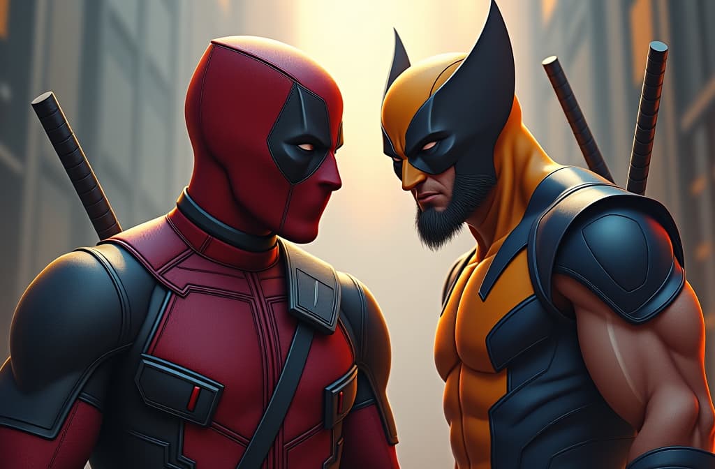  deadpool and wolverine, ilustracion personaje, hd, full color, artgerm, jeremy, lipkin, michael, garmash detailed digital art, radiant, light, detailed, intricate, environment hyperrealistic, full body, detailed clothing, highly detailed, cinematic lighting, stunningly beautiful, intricate, sharp focus, f/1. 8, 85mm, (centered image composition), (professionally color graded), ((bright soft diffused light)), volumetric fog, trending on instagram, trending on tumblr, HDR 4K, 8K