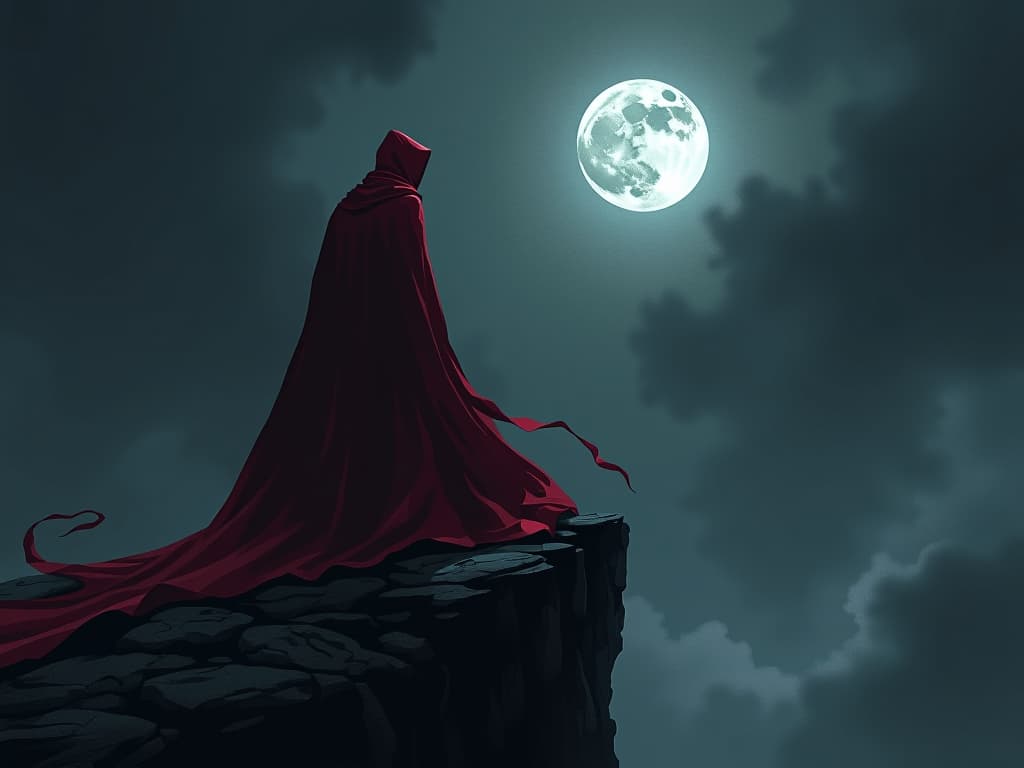  dark enigmatic figure in a red shroud, standing at the edge of a shadowy cliff, uncertain moonlight casting an eerie glow, ambiance of looming uncertainty. the style is digital art illustration / modern comic book / graphic dark novel fantasy and mysterious occult, symbolic, moody lighting, esoteric vibe,high detail on character design. for the color scheme emphasize blacks and reds.