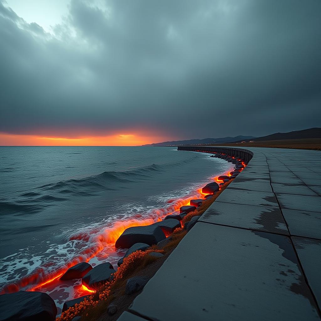  hyperrealistic art hdr foto, on concrete embankment of storm, deep orange color water in sea, grey tone sky, , curvy horizon line landscape , low angle view, 4k, artificial extremely high resolution details, photographic, realism pushed to extreme, fine texture, incredibly lifelike, complex background, uhd . extremely high resolution details, photographic, realism pushed to extreme, fine texture, incredibly lifelike