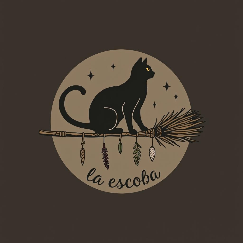  design a logo, in a minimalism style. witchy, black cat riding on a broom, dried herbs hanging off broom, cottage core aesthetic, crystals,spells, with the text 'la escoba'.