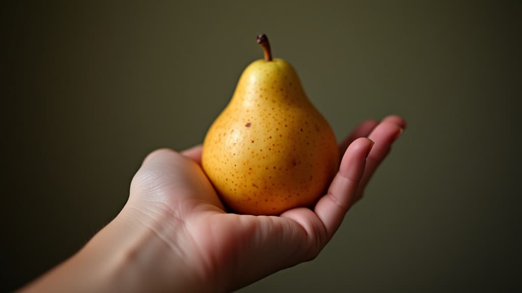  a hand holding a pear