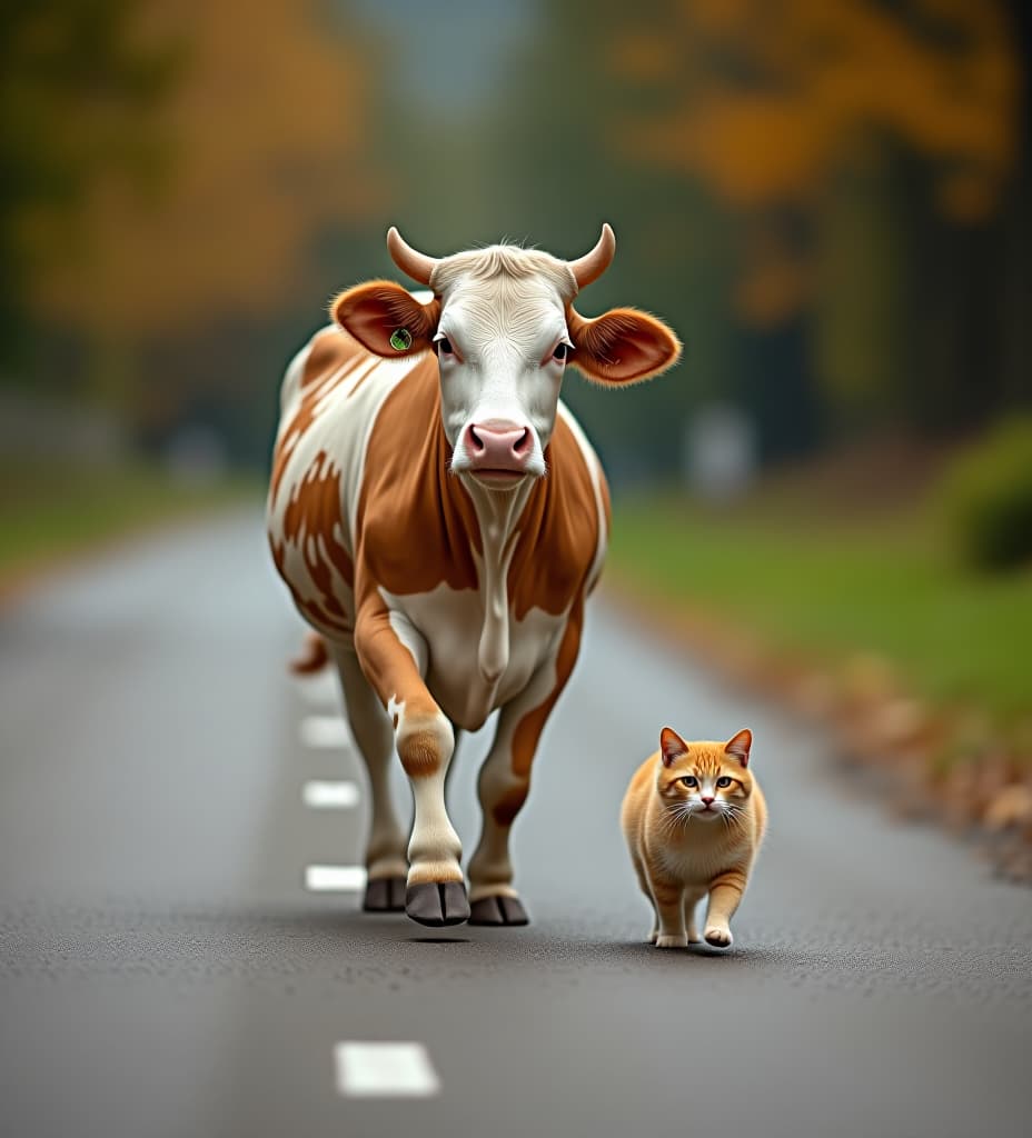  a cow dancing on road with also cat