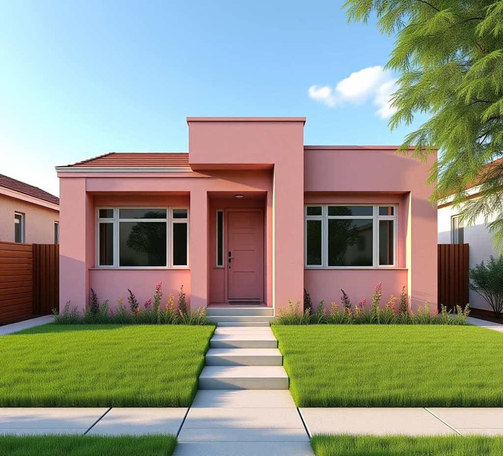  outdoor outside exterior street view of pink neighborhood house or home modern architecture. lawn grass yard, residential suburban building, door, window, entrance