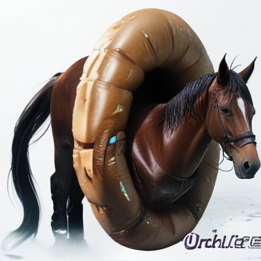 a horse is stuck in a swim inflatable ring hyperrealistic, full body, detailed clothing, highly detailed, cinematic lighting, stunningly beautiful, intricate, sharp focus, f/1. 8, 85mm, (centered image composition), (professionally color graded), ((bright soft diffused light)), volumetric fog, trending on instagram, trending on tumblr, HDR 4K, 8K