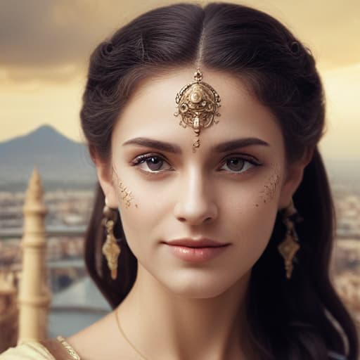 Make a face of a age beautiful in Mythological style with City background