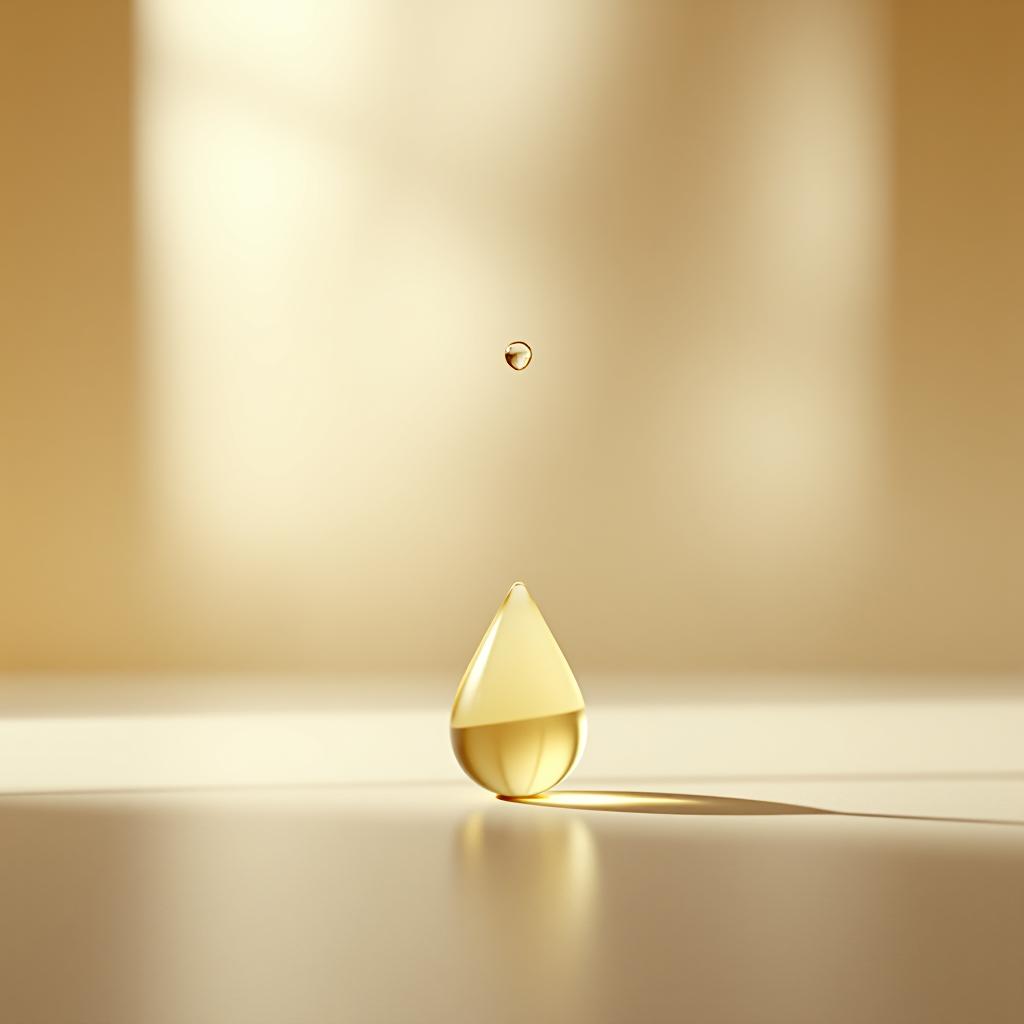  the room has a bright, beige out of focus background, with a light transparent liquid in a dropper in the foreground.