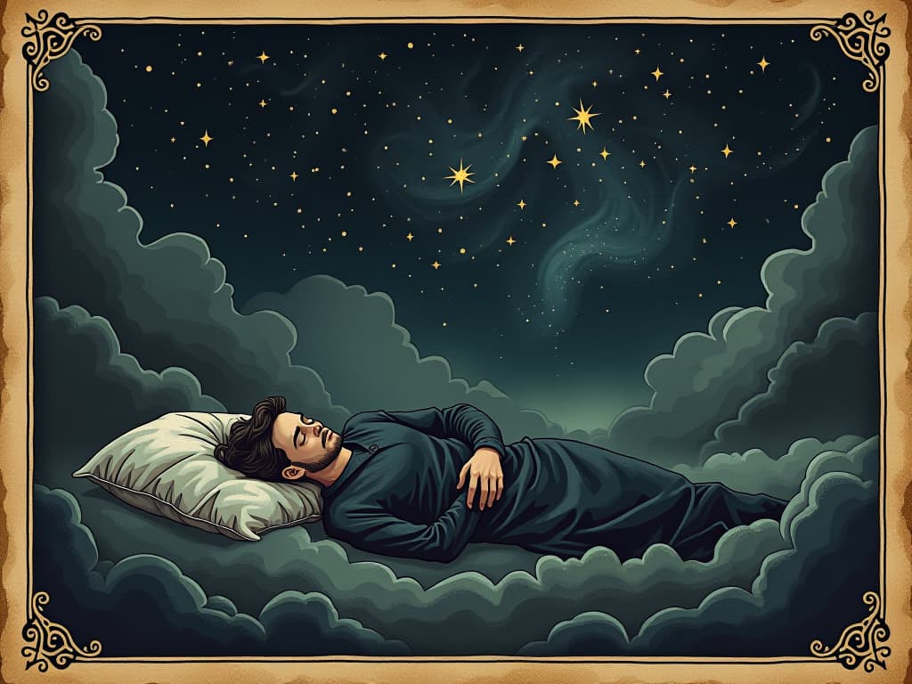  a person sleeping under a night sky filled with stars, ethereal and mystical, surrounded by dark, swirling mists that suggest the mysterious nature of dreams, calm and introspective. an illustration in the style of a worn, mystical old tarot trump card, mysterious and elements of surrealism. the colors are muted, somber and eerie, but with contrast bring out an occult and esoteric vibe.