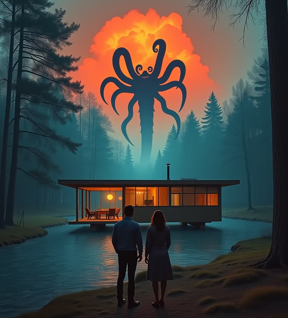  a man and woman stand in front of a glass and wood mid century modern cabin is in wooded clearing, behind the cabin is a blue running river, the clouds are an orange and red, in the clouds is a tentacled monster in the style of stranger things