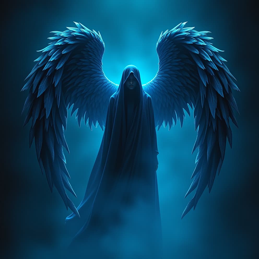  a brooding, ethereal angel with obsidian wings, cloaked in shadows, illuminated by a single, ethereal blue light, cyberpunk aesthetic, digital art style, intricate detailshyper detail, intricate details, sharp focus, high resolution, 8k, ultra detailed, vib