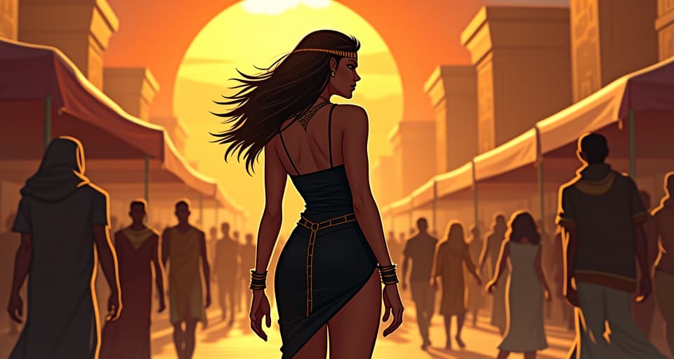  a bustling marketplace under the burning egyptian sun, a large busted woman in a tight dress, casually observing, blending in, silent yet knowing, deceptive calm. the style is digital art illustration / modern comic book / mysterious occult, symbolic, esoteric vibe,high detail on character design, incorporating ancient egyptian symbology and attire.