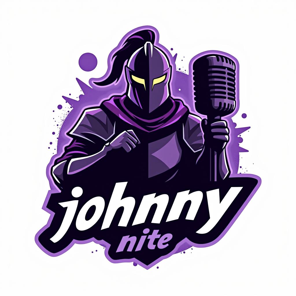  design a logo, in a geometric style. knight with a gaming mic graffiti purple and black, with the text 'johnny nite'.