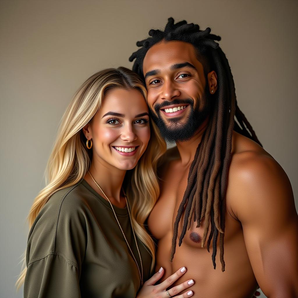  make an image of a blonde woman and a tan man with long dreads an their son