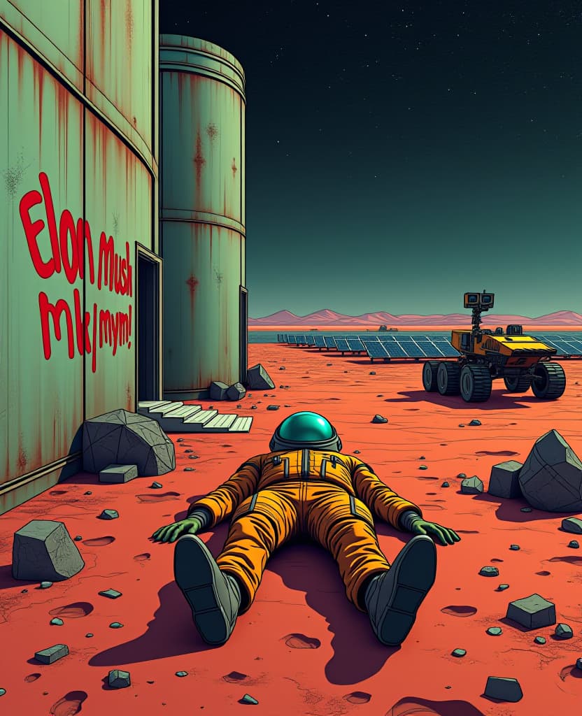  a science fiction illustration. front view of a carcase corpse in a orange violet suit on the ground, wall of an industrial facilitie with cisterns. fields of solar panels at horizon. mutliple graffiti on walls, a red hand written spray can graffiti saying ((lowercase)) " elon musk bbl//\ mym !"; industrial complex, metalic green walls covered with rust, red sand, mars rover on the side, broken mecanials parts against a wall, trash on the ground; the background is a night sky stars constellation in dark sky. hyperrealistic, full body, detailed clothing, highly detailed, cinematic lighting, stunningly beautiful, intricate, sharp focus, f/1. 8, 85mm, (centered image composition), (professionally color graded), ((bright soft diffused light)), volumetric fog, trending on instagram, trending on tumblr, HDR 4K, 8K