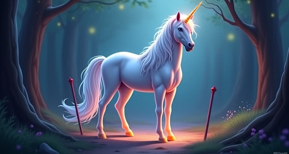  a divine unicorn, its mane and tail glowing, standing illuminated in an enchanted forest with obstacles around. its presence untouched and pure. ethereal, undeterred, resilient.. the style is digital art illustration,highly detailed, whimsical,magical, dreamlike atmosphere, realism and fantasy blend, smooth, glossy textures,luminous quality, wonder and enchantment.