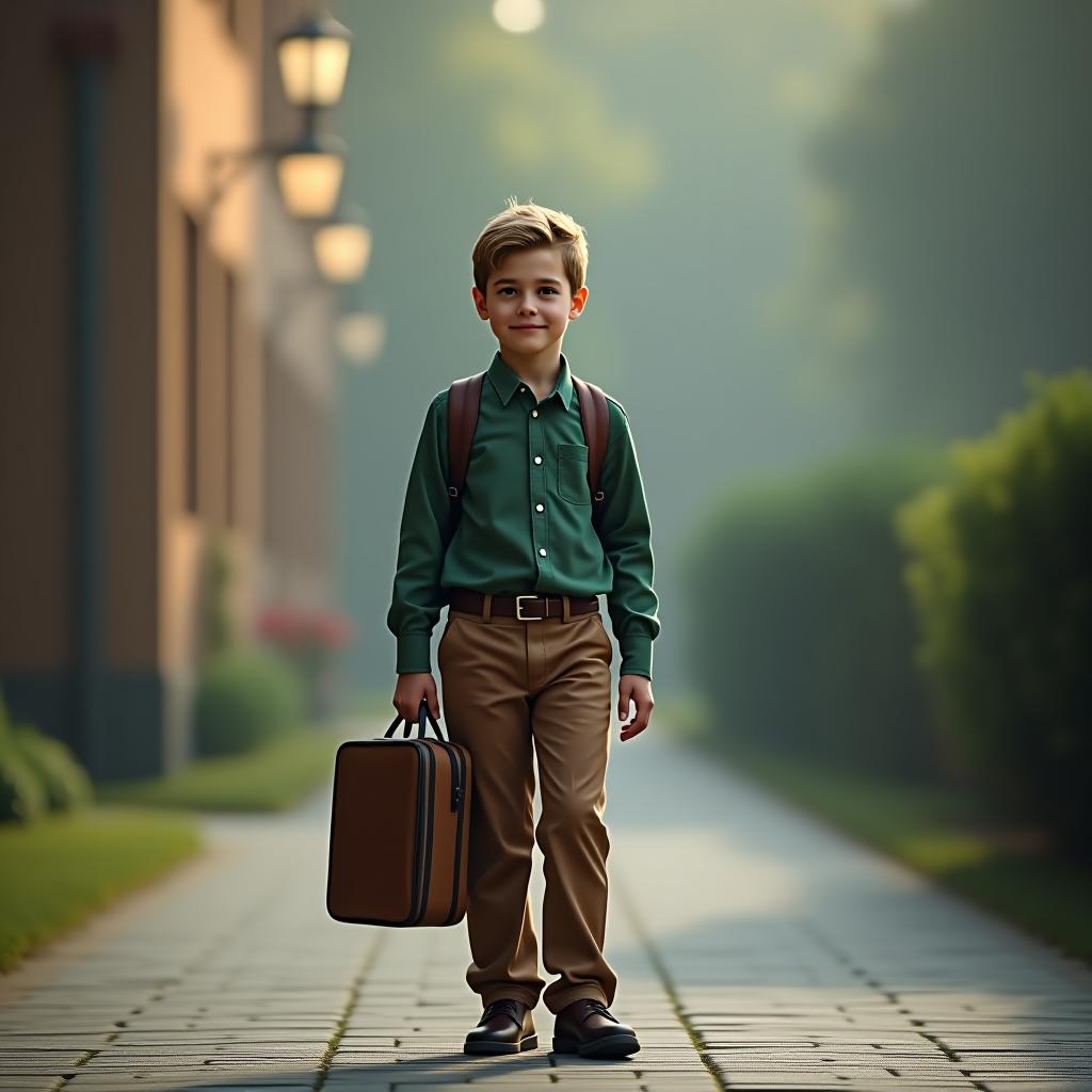  a little boy, a european schoolboy in a green shirt and brown trousers with a briefcase standing next to the school, holding a phone in hand hyperrealistic, full body, detailed clothing, highly detailed, cinematic lighting, stunningly beautiful, intricate, sharp focus, f/1. 8, 85mm, (centered image composition), (professionally color graded), ((bright soft diffused light)), volumetric fog, trending on instagram, trending on tumblr, HDR 4K, 8K