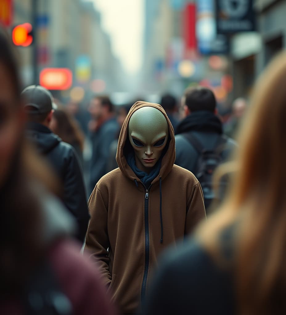  a typical bustling city scene in berlin with an alien amidst people trying to hide and blend in. amateur shot, everything is sharp with high aperture.