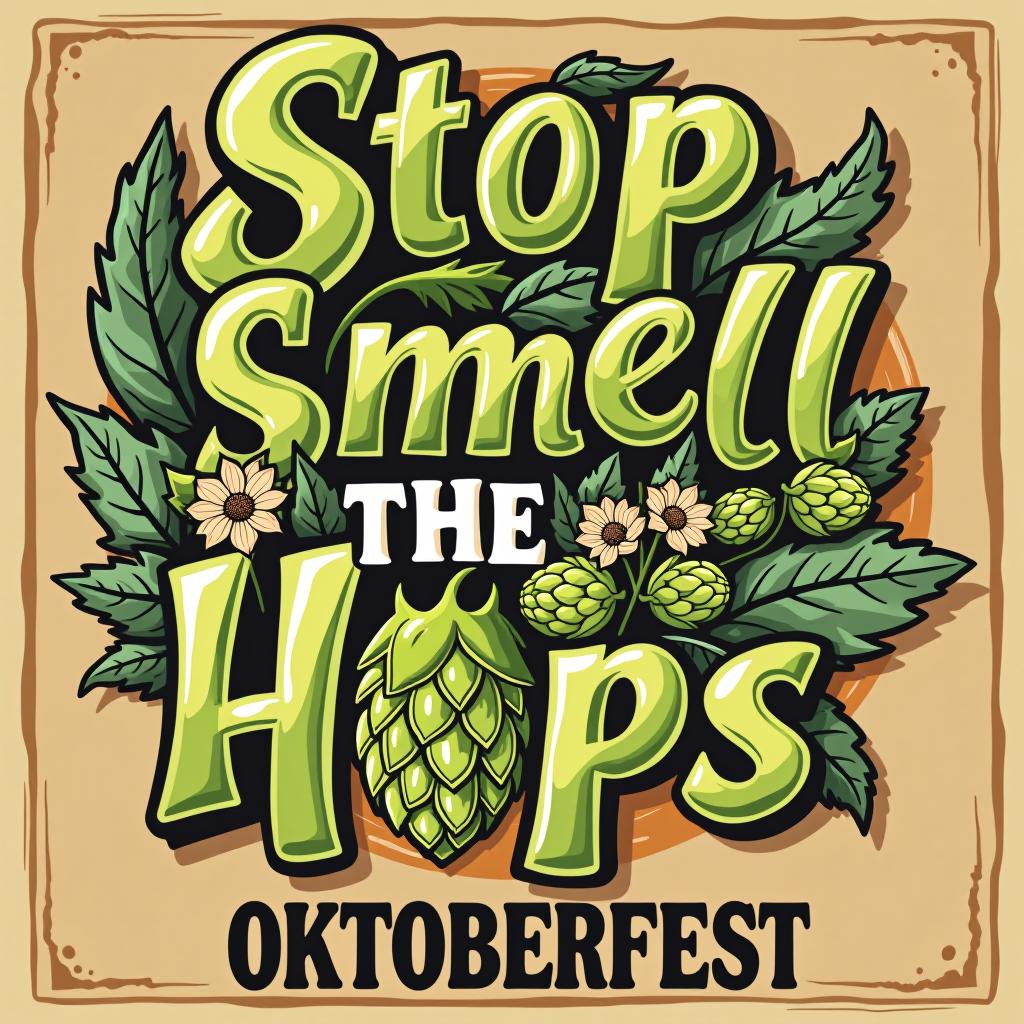  cheerful 'stop and smell the hops.' in wavy font with hop flower and rustic textures. place the word oktoberfest at the bottom of the image