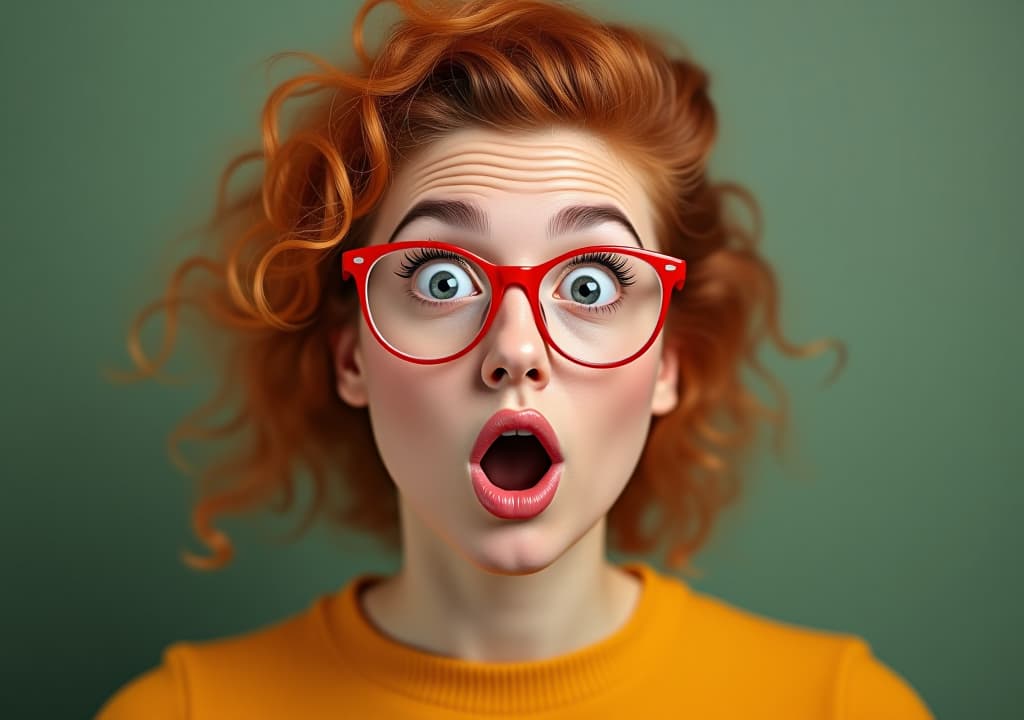  surprised redheaded woman with red glasses