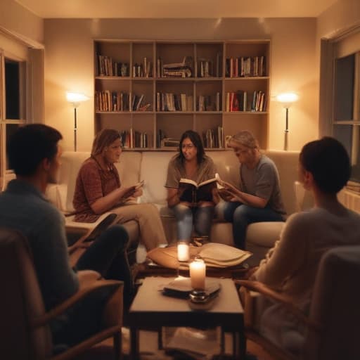 An image of a book club meeting in a cozy living room, members holding books and (((discussing))) passionately, evening, detailed, realistic