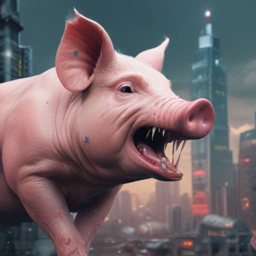 A fist breaking the snout of a pig in Cyberpunk style with City background