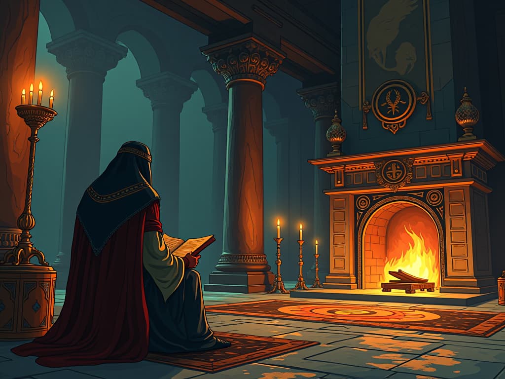  oisín sitting by a fireside in a grand hall, surrounded by ancient scrolls and magical artifacts, captivated by a storyteller recounting the mystical tales of the tuatha dé danann. the style is digital art illustration / modern comic book / mysterious occult, symbolic, esoteric vibe,high detail on character design, incorporating ancient egyptian symbology and attire.