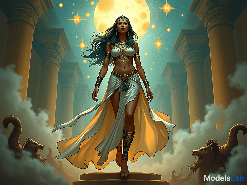  large busted woman with flowing dress stepping through dream portals, symbols floating around her, dreamlike glow. the style is digital art illustration / modern comic book / mysterious occult, symbolic, esoteric vibe,high detail on character design, incorporating ancient egyptian symbology and attire.