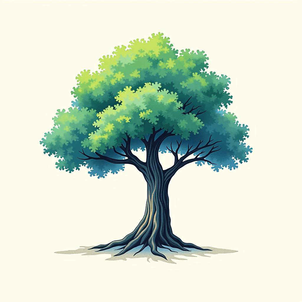  design a logo, in a pencil style. logo of a tree, green and blue