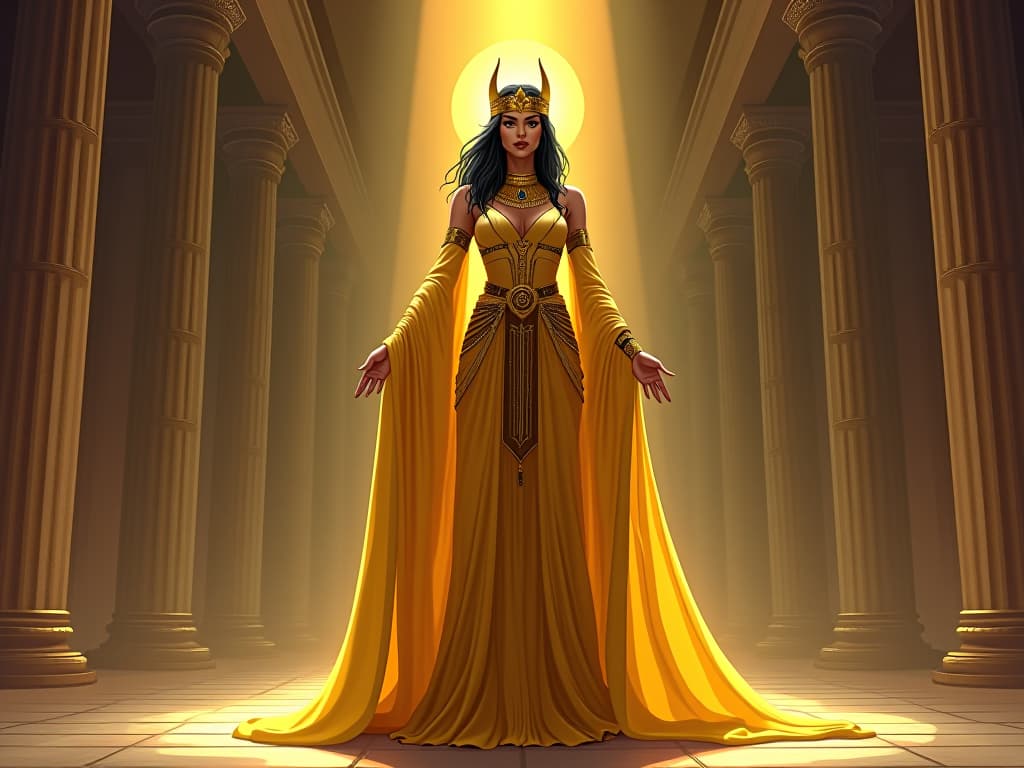  a large busted priestess in a golden gown, standing in an ancient temple, surrounded by an ethereal light, her presence emanating warmth and positivity, symbolizing a divine gift. the style is digital art illustration / modern comic book / mysterious occult, symbolic, esoteric vibe,high detail on character design, incorporating ancient egyptian symbology and attire.